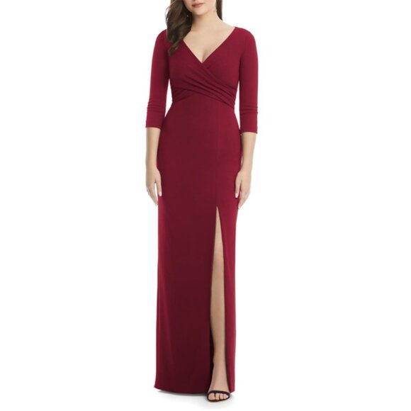 NEW After Six 6814 Stretch Crepe Slit Evening Maxi Gown Dress Burgundy Red Small - Picture 1 of 11